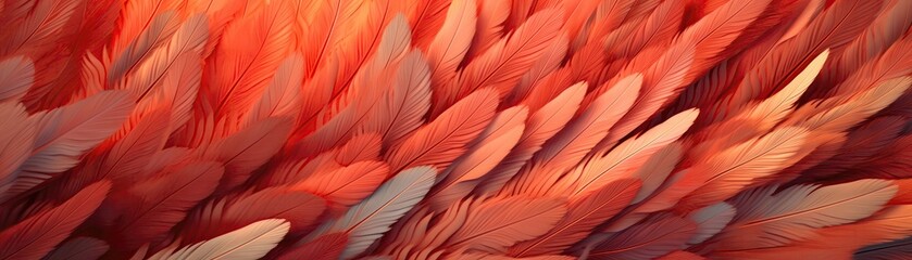 Very Detailed Feathers Pastel Orange Red Tones Panoramic Banner. Generative AI