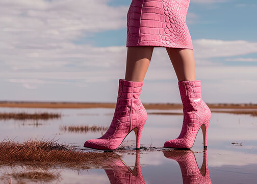 Sexy woman wearing pink high heel boots made of alligator leather in the swamp. Ai Generative image