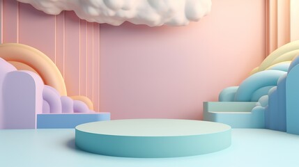 Abstract background for product demonstration. Mock up display platform podium stage with clouds background. Show cosmetic product , Generate Ai 