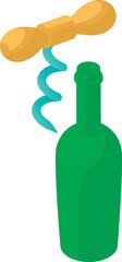 Wine production icon isometric vector. Corkscrew near opened green glass bottle. Winemaking, degustation concept