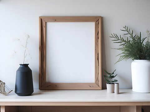 Empty wooden picture frame mockup hanging on beige wall background. Boho shaped vase, dry flowers on table. Working space, home office. Art, poster display. Modern interior.