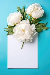 Obraz na płótnie Canvas Blank White Card On Turquoise Background With Peonies Postcard. Generative AI
