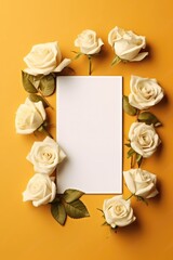 Obraz na płótnie Canvas Blank White Card On Gold Background With Roses Postcard. Generative AI
