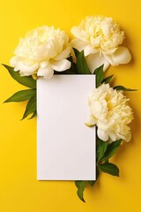 Blank White Card On Yellow Background With Peonies Postcard. Generative AI