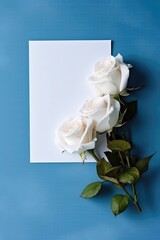 Blank White Card On Blue Background With Roses Postcard. Generative AI