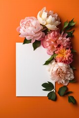 Blank White Card On Orange And Pink Background With Peonies Postcard. Generative AI