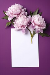 Blank White Card On Purple Background With Peonies Postcard. Generative AI