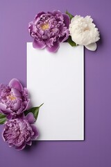 Blank White Card On Purple And Silver Background With Peonies Postcard. Generative AI
