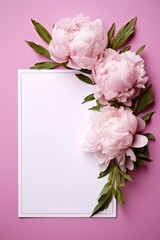 Blank White Card On Pink Background With Peonies Postcard. Generative AI