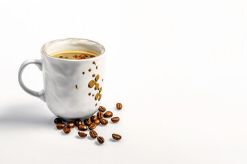 Black coffee with foam in a white ceramic mug and natural coffee beans on a white background, Generative AI, generative artificial intelligence