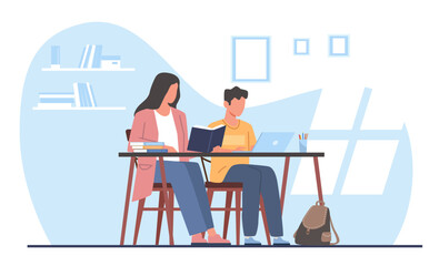 Mom helps her son do his homework. Mother with kid sitting at desk with books. Clever boy studying at home, schoolchild learning with parent. Cartoon flat style isolated vector concept