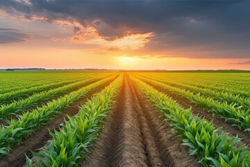 Field with rows of young corn. Morning rural landscape