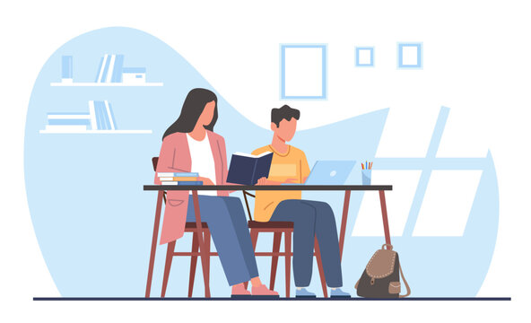 Mom helps her son do his homework. Mother with kid sitting at desk with books. Clever boy studying at home, schoolchild learning with parent. Cartoon flat style isolated vector concept