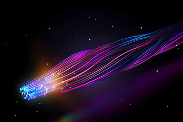 Glowing optical fiber cable or wire realistic vector, fiber optics future technologies. Speed internet connection, network communication and telecommunication, multimedia, digital data bandwidth