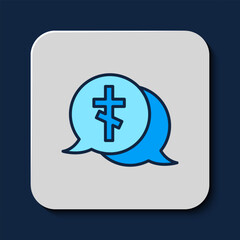 Obraz premium Filled outline Grave with cross icon isolated on blue background. Vector