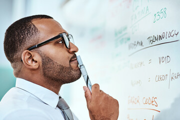 Thinking, finance and business man on whiteboard brainstorming, idea and numbers or budget problem...