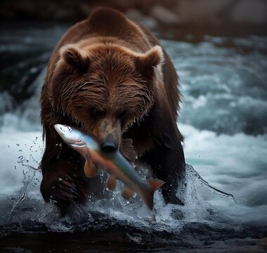 A grizzly bear catching salmon in a river