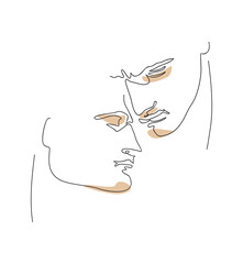 Line Art Portrait of Two Men in Love, made of Black Line and Brown Stains on a White Background. Vector Illustration of Men. Continuous Line Minimalist Portrait. Gay Couple. Modern Romantic Art Print.