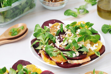 Beetroot and oranges fresh vegetarian salad	