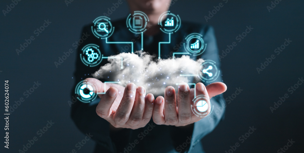 Aufkleber man hold cloud computing system diagram show on hand.data storage.digital technology network service