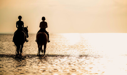 Two horse riders in the ocean at the sunset. Equestrian theme.