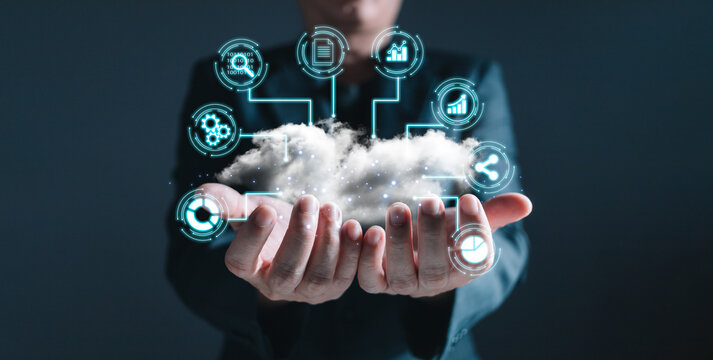 man hold cloud computing  system diagram show on hand.Data storage.Digital technology network service business in wireless storage concept. Implementing storage technology support in business.