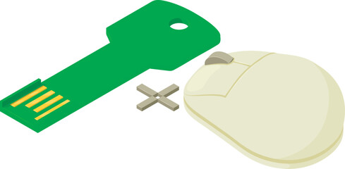 New device icon isometric vector. Key form usb usb flash drive plus computer mouse. Storage device, modern technology