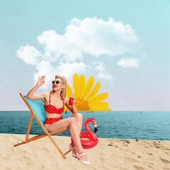 Beautiful blonde girl in red swimsuit sitting on beach near sea. SUmmertime vacation. Contemporary...