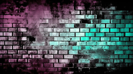 Black brick wall background with neon lighting effect from pink and purple to blue. Glowing lights in the dark on empty brick wall background. ai
