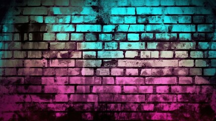 Black brick wall background with neon lighting effect from pink and purple to blue. Glowing lights in the dark on empty brick wall background. ai
