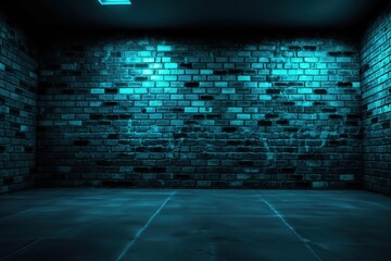 Black brick wall background with blue cyan neon lighting effect. Glowing lights in the dark on empty brick wall background. ai
