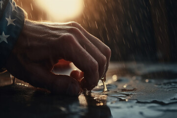 Closeup old man wet hands, aging process, senior Man outdoor, rain weather,, AI Generative. .