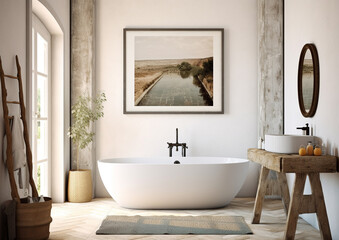 interior of a natural minimal boho style bathroom with one  frame mock up art above bathtub , generative ai - 602624802