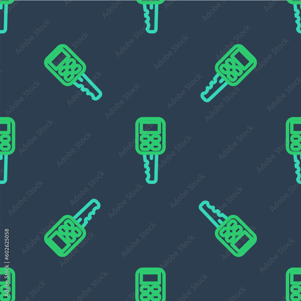 Poster line car key with remote icon isolated seamless pattern on blue background. car key and alarm system