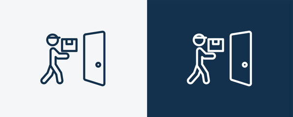 delivery door icon. Outline delivery door icon from delivery and logistics collection. linear vector isolated on white and dark blue background. Editable delivery door symbol.