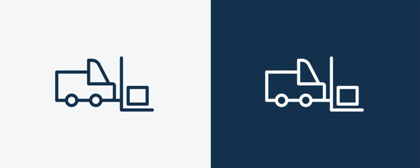 forklift icon. Outline forklift icon from delivery and logistics collection. linear vector isolated on white and dark blue background. Editable forklift symbol.