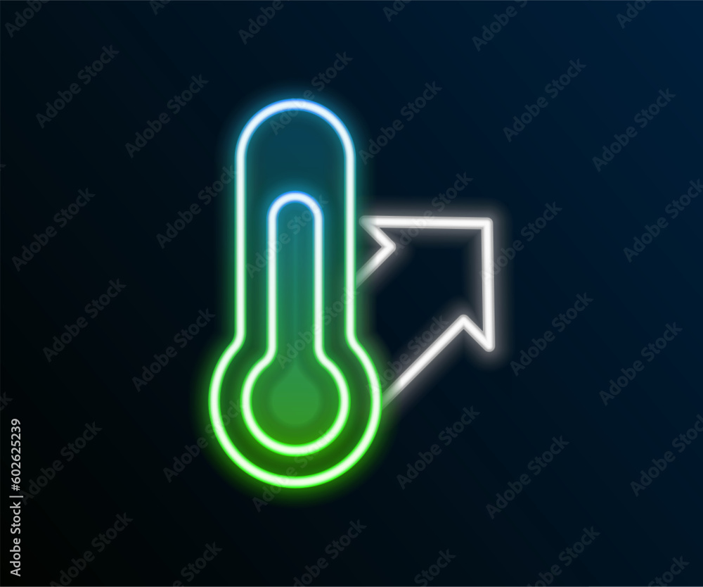 Sticker Glowing neon line Meteorology thermometer measuring icon isolated on black background. Thermometer equipment showing hot or cold weather. Colorful outline concept. Vector