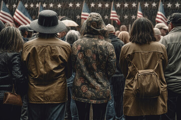 American military stand with their backs looking usa flag on the street with rain, Memorial Day, Independence day, AI Generative. - obrazy, fototapety, plakaty