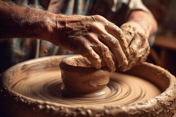 A close-up of a potter's hands shaping clay on a spinning wheel, capturing the artistic process of pottery making. 