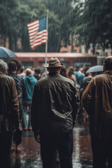 American people stand with their backs looking usa flag on the street with rain, Memorial Day, Independence day, AI Generative.