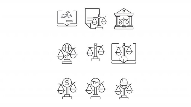 Justice system icons animation. Animated line balance scales. Civil right. Legal rule. Law firm. Supreme court. Loop HD video with alpha channel, transparent background. Outline motion graphic