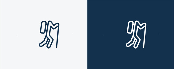 trekking sign icon. Outline trekking sign icon from sport and games collection. Linear vector isolated on white and dark blue background. Editable trekking sign symbol.