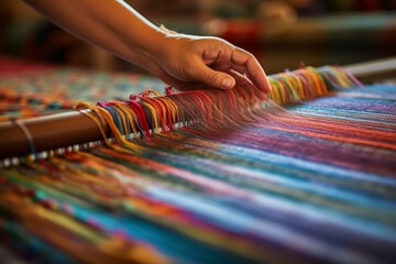 Obraz premium A textile artist weaving colorful threads on a loom, showcasing the beauty of fabric and textile design. Generative AI technology