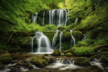 Fototapeta na wymiar Waterfall cascades in a green forest 