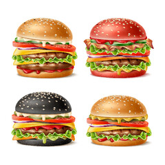 Realistic burgers. Different recipes layered fast food, hamburger, cheeseburger and chicken burger, black sesame bun, grilled cutlets and fresh vegetables, 3d isolated element utter vector set