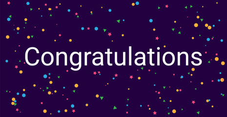 Congratulation Lettering Text With Colorful Confetti And Ribbons Falling On Purple Background. Celebration Event, Happy Birthday. Multicolored. Vector