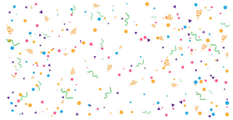 Many falling colorful geometric confetti and ribbon isolated on white background. Celebration banner. Vector illustration