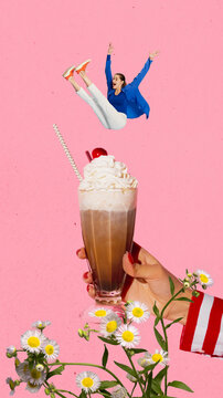 Cheerful, excited young girl falling down into delicious chocolate cocktail with whipped cream. Contemporary art collage. Creative design. Travelling, creativity, inspiration concept. Vertical layout