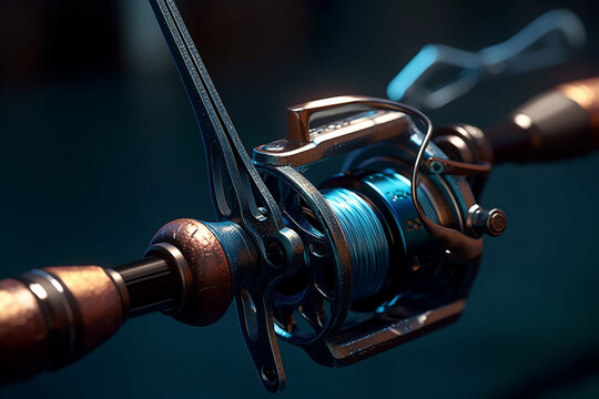 A close-up photograph of a fishing rod and reel, showcasing the intricate details and craftsmanship of the equipment. Generative AI technology