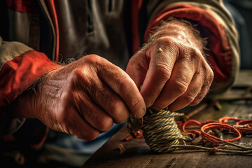 A macro photograph of a fisherman's hands tying a fishing knot, showcasing the precision and skill involved in preparing for a fishing trip. Generative AI technology